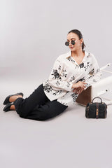Clobug Women Printed Cotton Blend Full Sleeve Floral Print Oversized Shirt