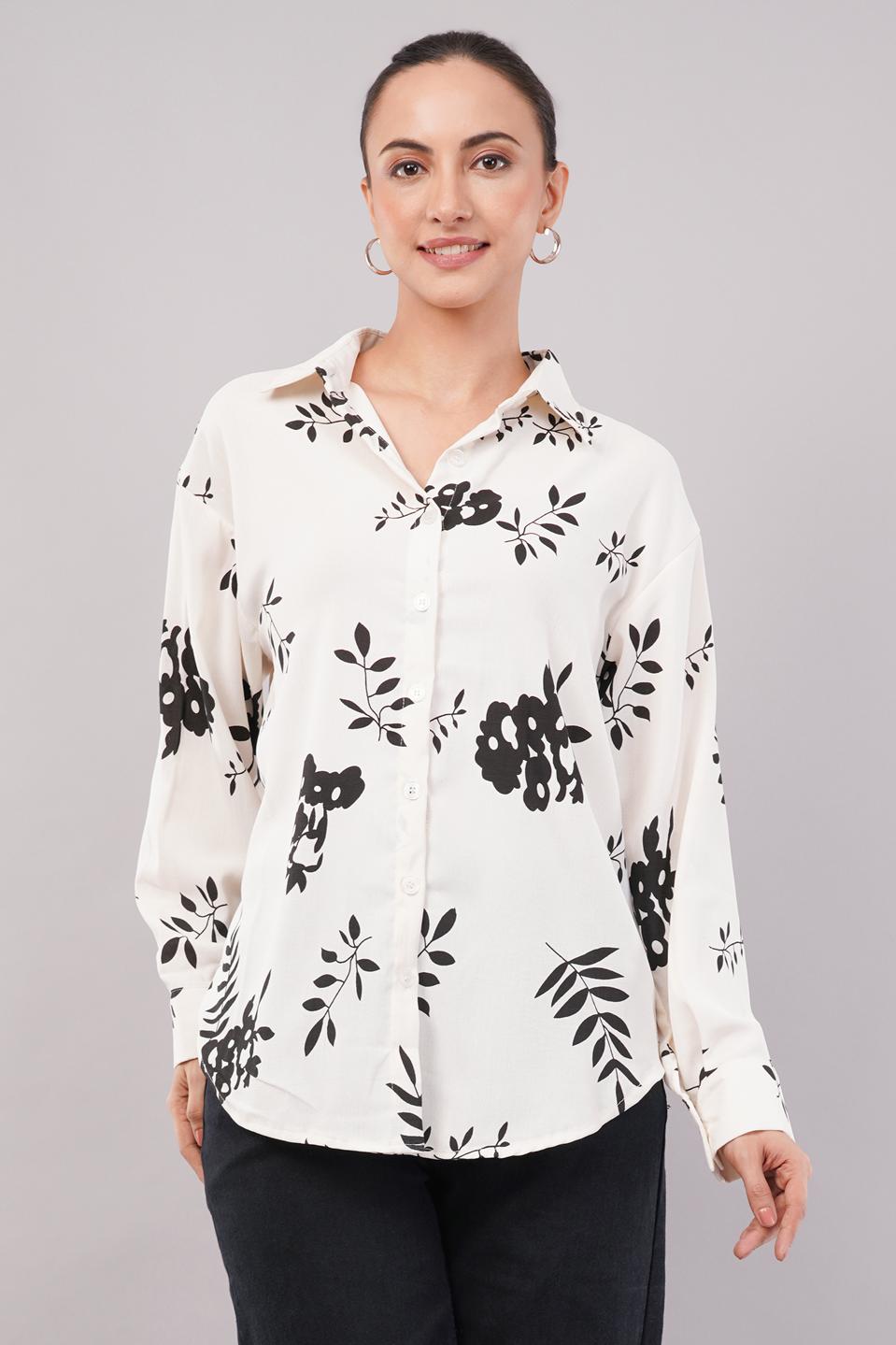 Clobug Women Printed Cotton Blend Full Sleeve Floral Print Oversized Shirt