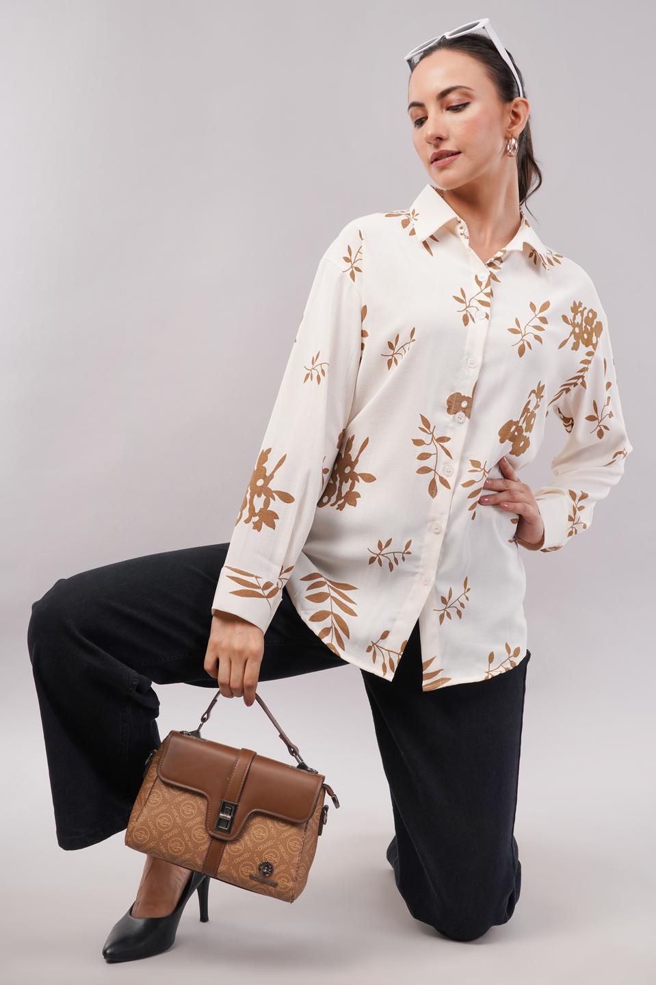 Clobug Women Printed Cotton Blend Full Sleeve Floral Print Oversized Shirt