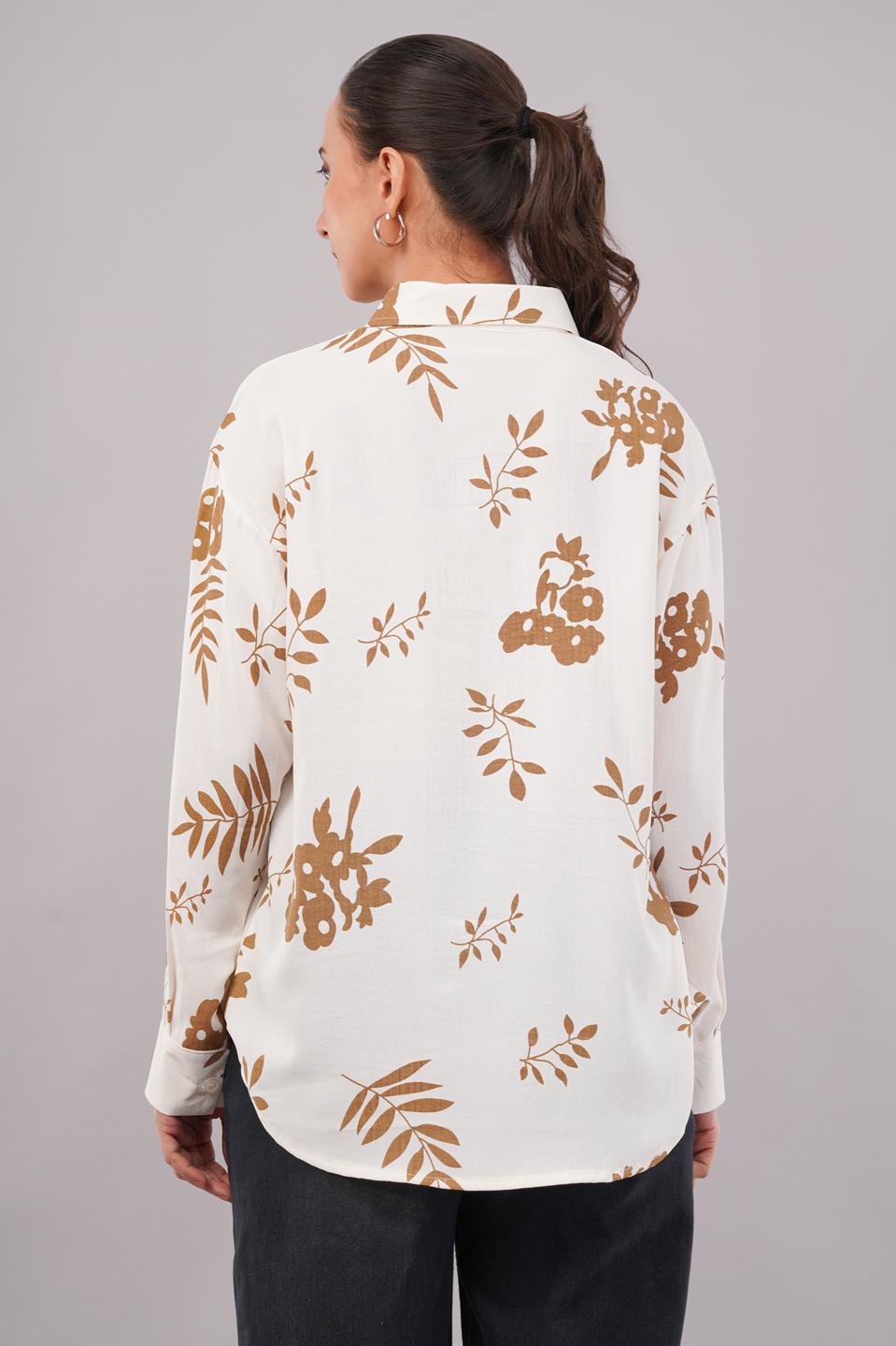 Clobug Women Printed Cotton Blend Full Sleeve Floral Print Oversized Shirt