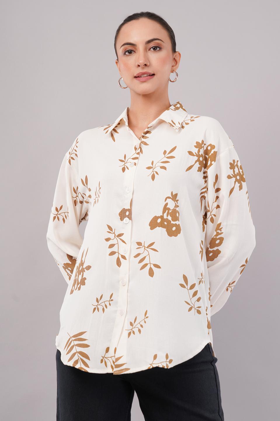 Clobug Women Printed Cotton Blend Full Sleeve Floral Print Oversized Shirt