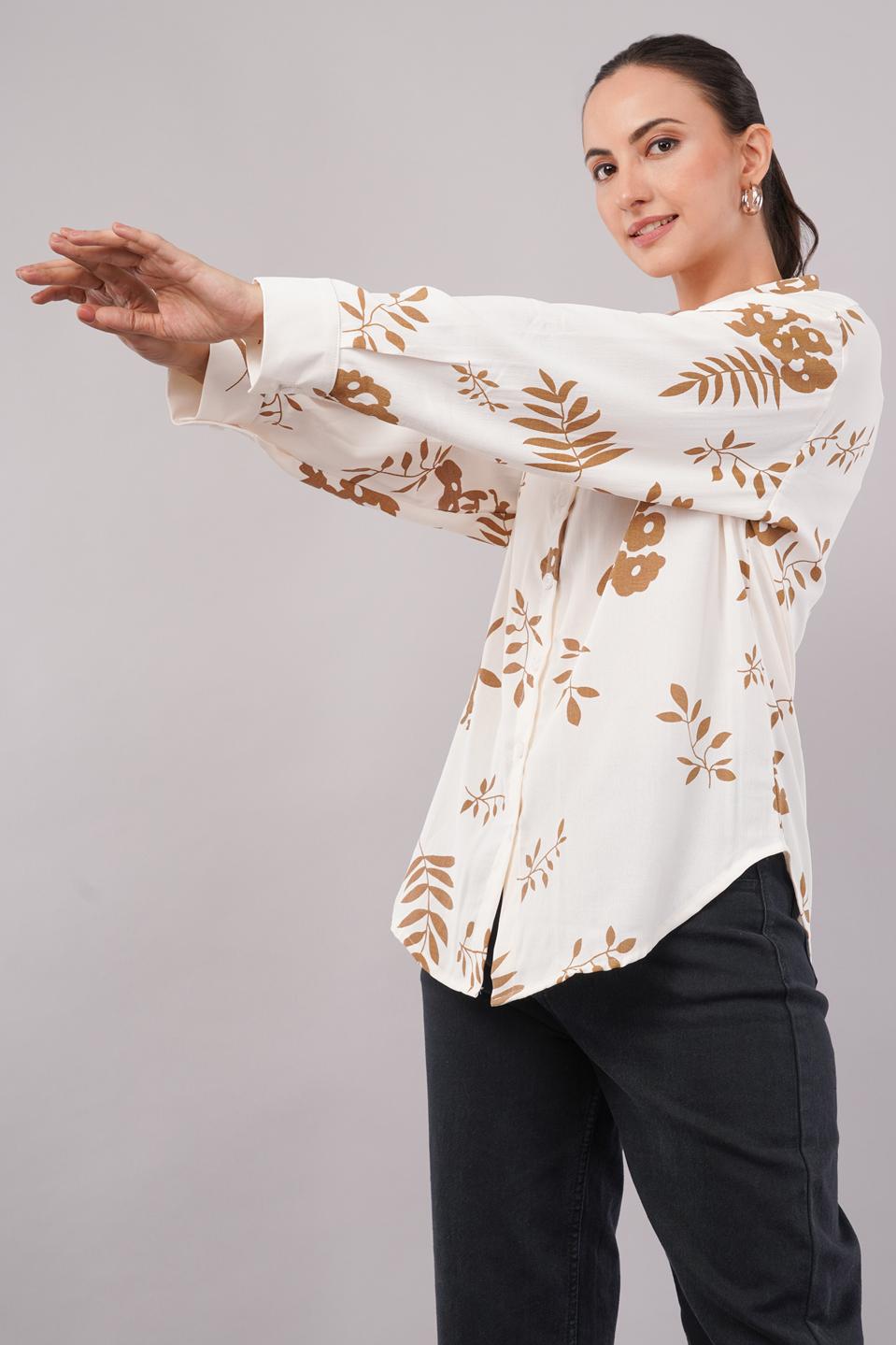 Clobug Women Printed Cotton Blend Full Sleeve Floral Print Oversized Shirt