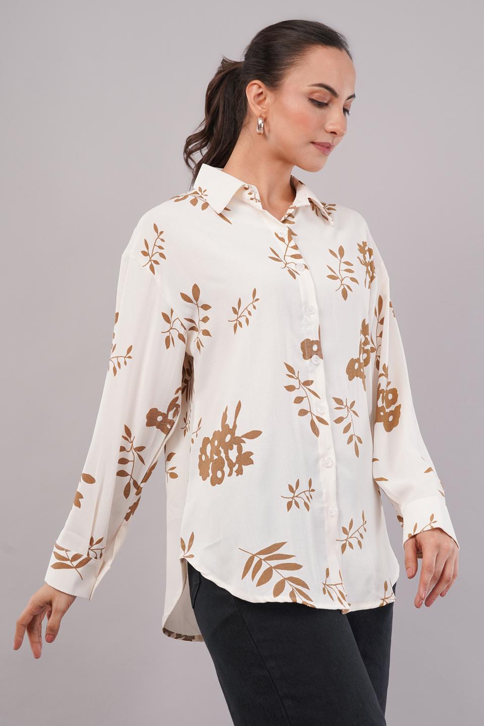 Clobug Women Printed Cotton Blend Full Sleeve Floral Print Oversized Shirt
