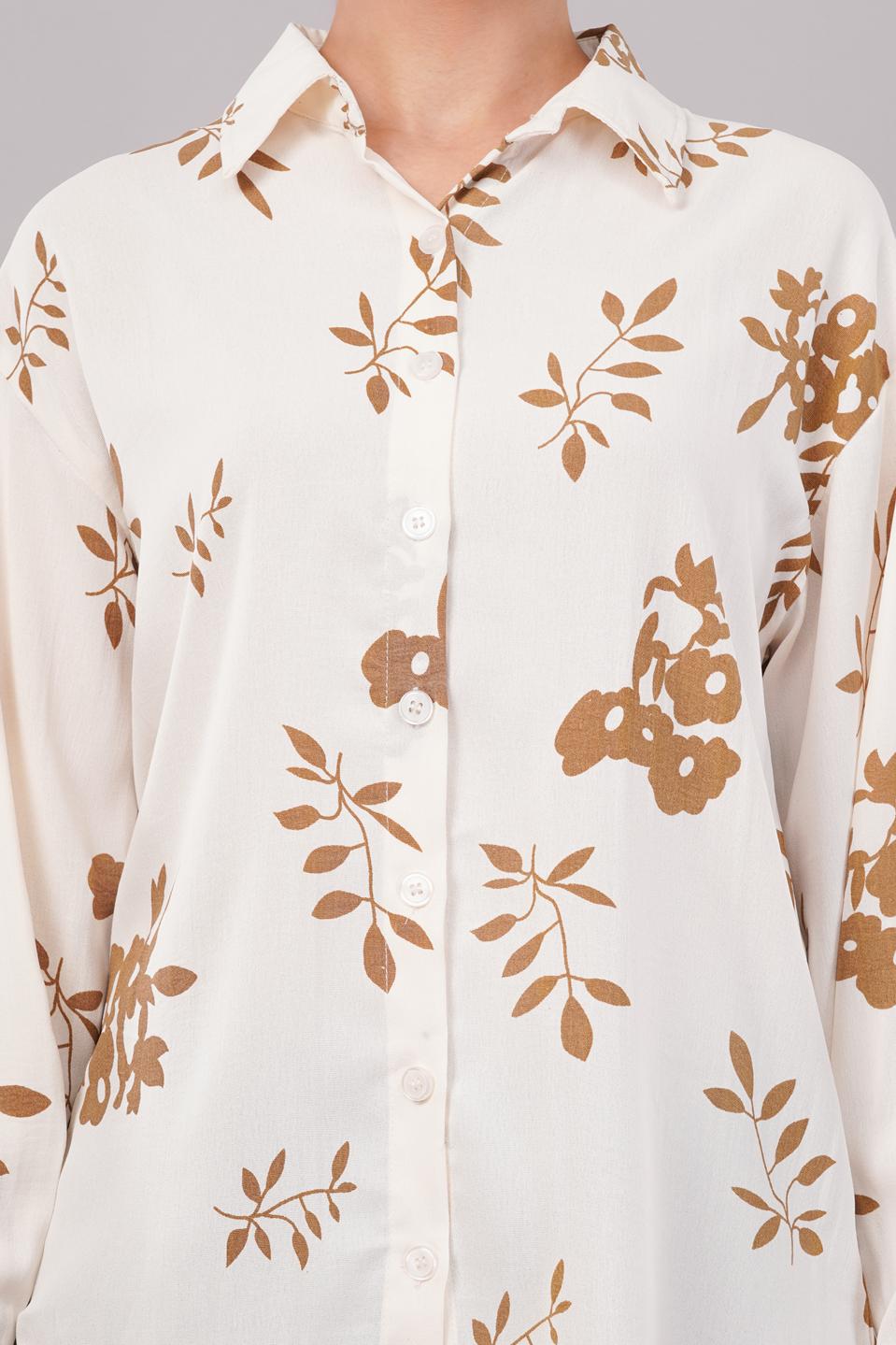 Clobug Women Printed Cotton Blend Full Sleeve Floral Print Oversized Shirt