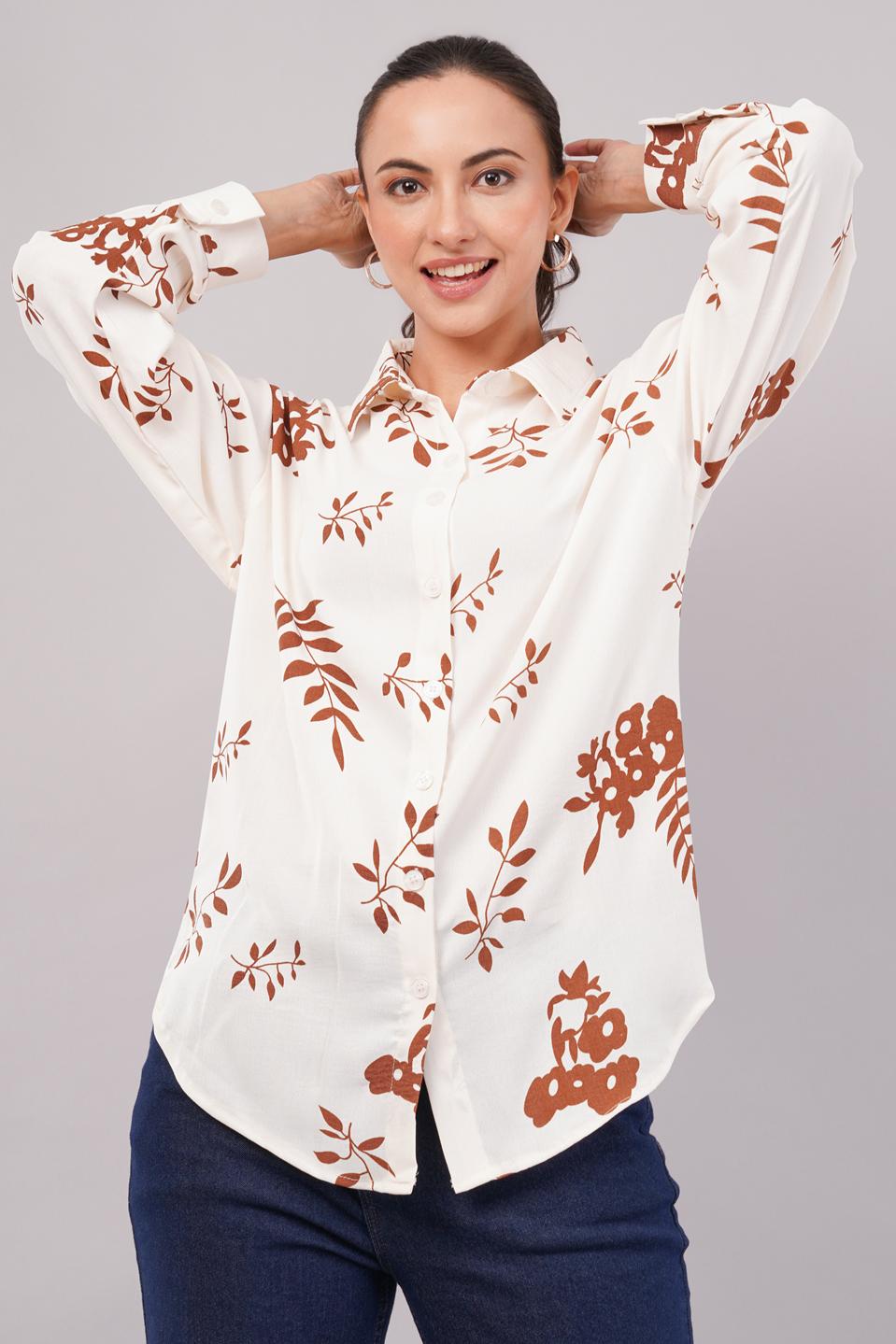 Clobug Women Printed Cotton Blend Full Sleeve Floral Print Oversized Shirt