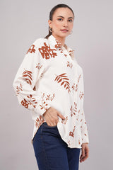 Clobug Women Printed Cotton Blend Full Sleeve Floral Print Oversized Shirt