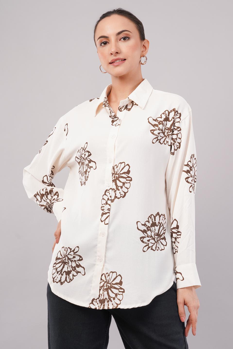 Clobug Women Printed Cotton Blend Full Sleeve Floral Print Oversized Shirt