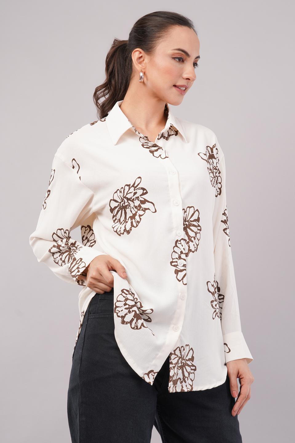 Clobug Women Printed Cotton Blend Full Sleeve Floral Print Oversized Shirt
