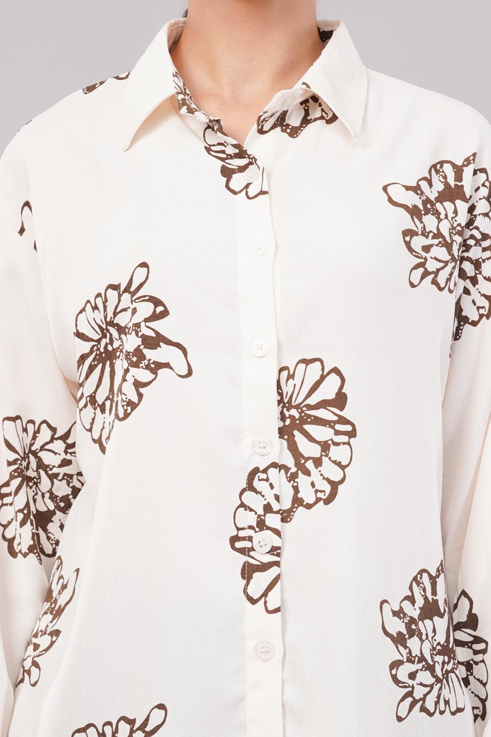 Clobug Women Printed Cotton Blend Full Sleeve Floral Print Oversized Shirt