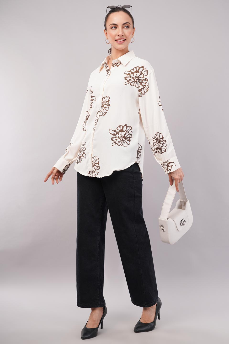 Clobug Women Printed Cotton Blend Full Sleeve Floral Print Oversized Shirt