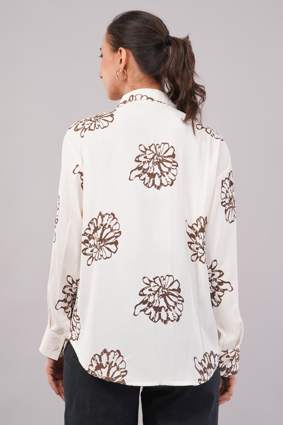 Clobug Women Printed Cotton Blend Full Sleeve Floral Print Oversized Shirt