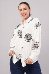 Clobug Women Printed Cotton Blend Full Sleeve Floral Print Oversized Shirt