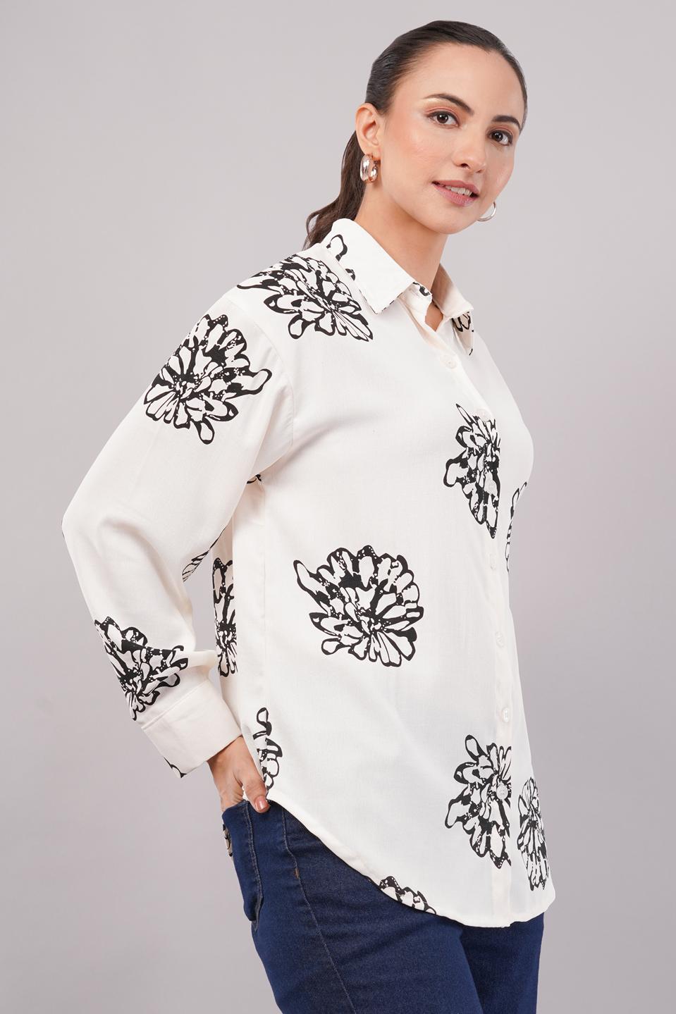 Clobug Women Printed Cotton Blend Full Sleeve Floral Print Oversized Shirt