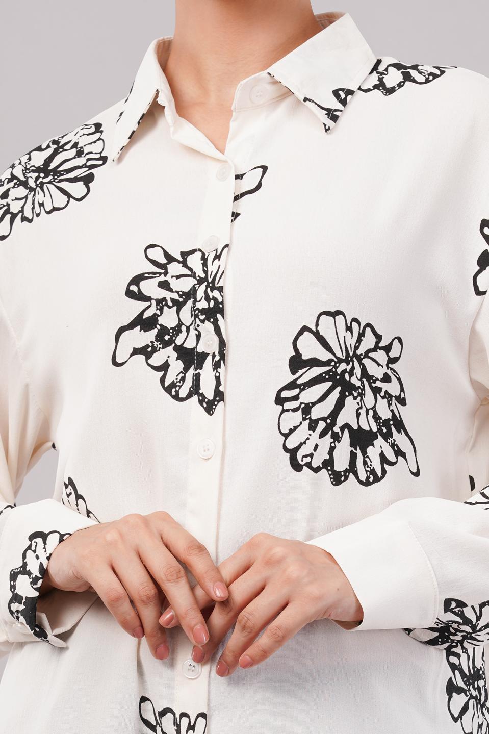 Clobug Women Printed Cotton Blend Full Sleeve Floral Print Oversized Shirt