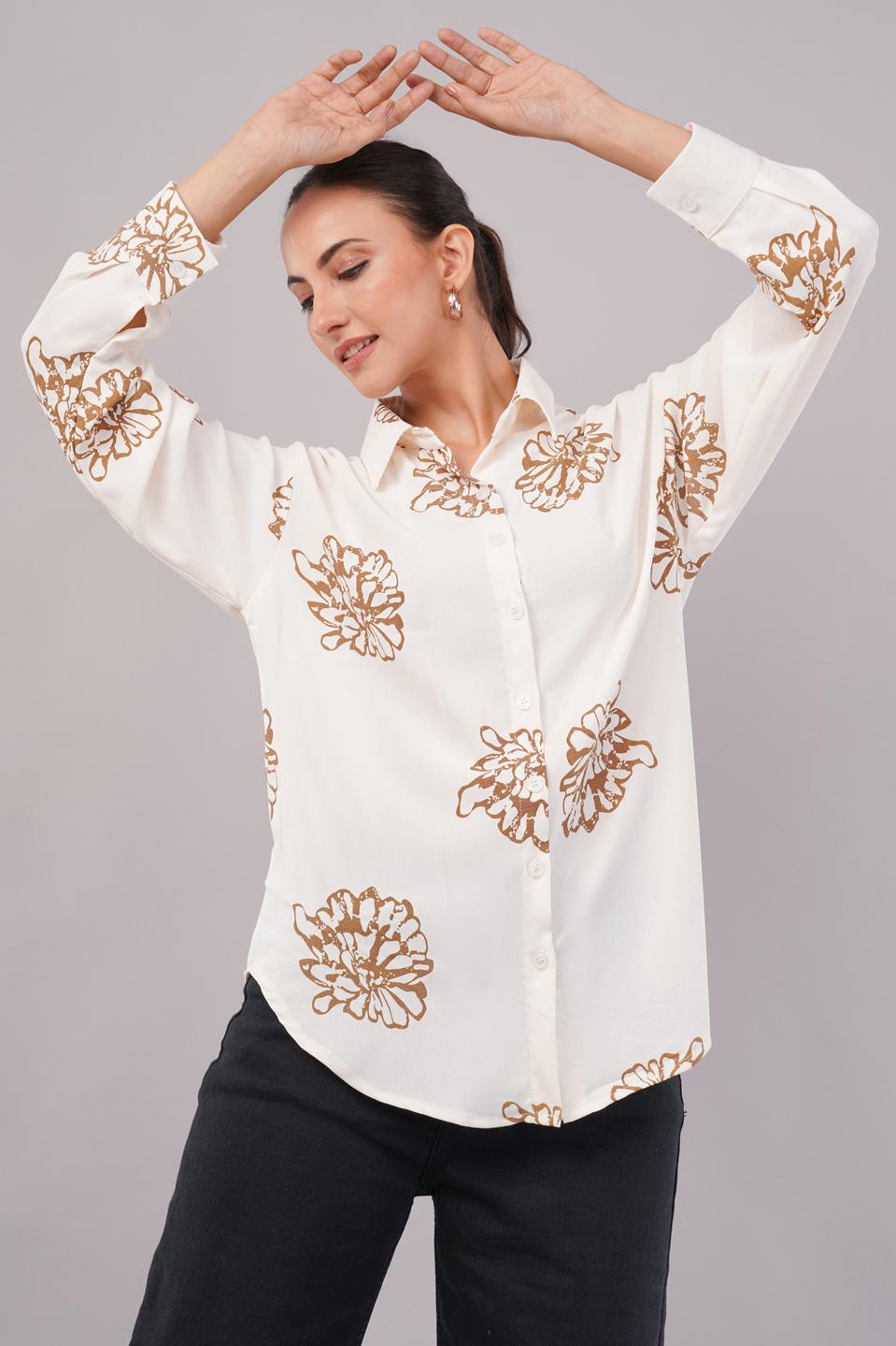 Clobug Women Printed Cotton Blend Full Sleeve Floral Print Oversized Shirt