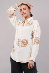 Clobug Women Printed Cotton Blend Full Sleeve Floral Print Oversized Shirt