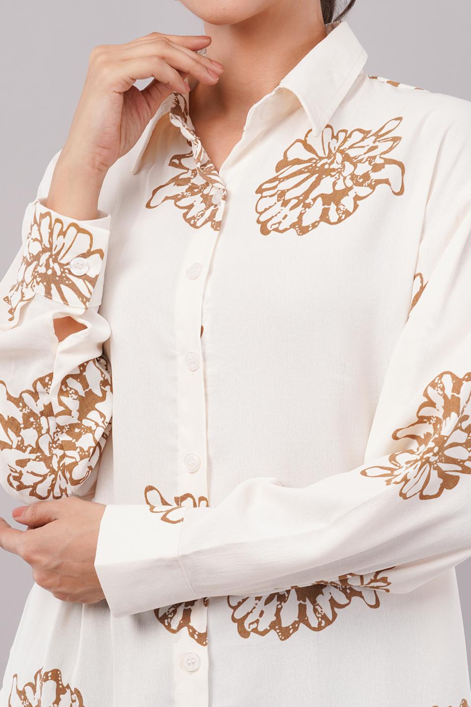 Clobug Women Printed Cotton Blend Full Sleeve Floral Print Oversized Shirt