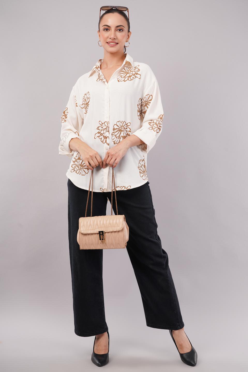 Clobug Women Printed Cotton Blend Full Sleeve Floral Print Oversized Shirt