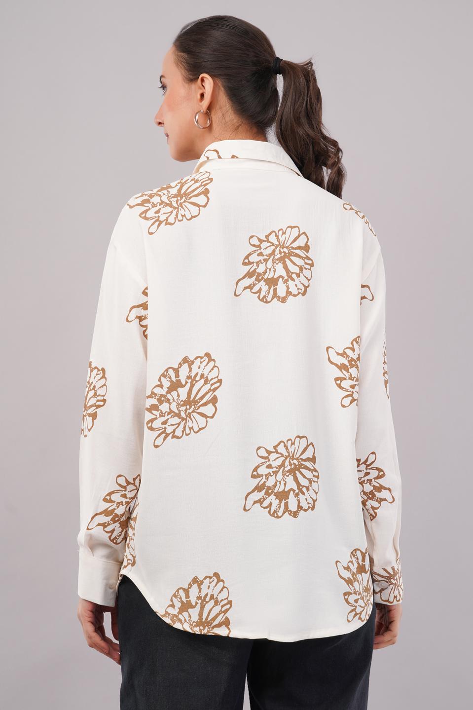 Clobug Women Printed Cotton Blend Full Sleeve Floral Print Oversized Shirt