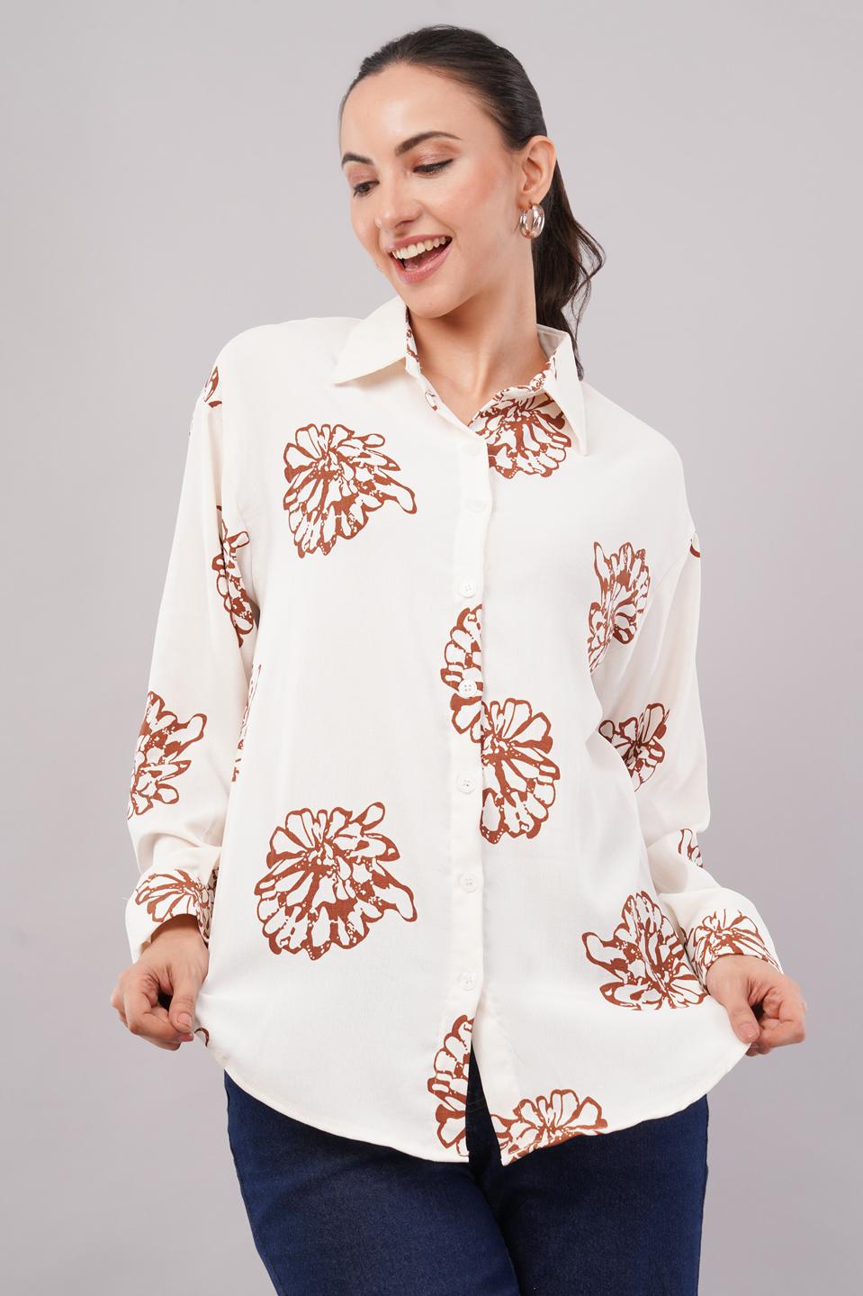 Clobug Women Printed Cotton Blend Full Sleeve Floral Print Oversized Shirt
