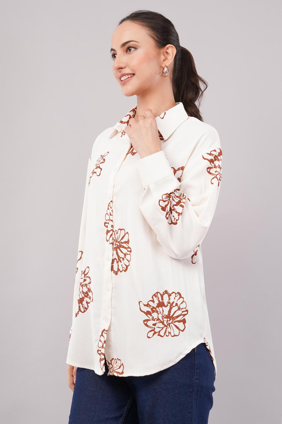Clobug Women Printed Cotton Blend Full Sleeve Floral Print Oversized Shirt