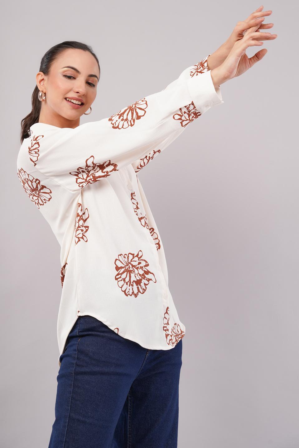 Clobug Women Printed Cotton Blend Full Sleeve Floral Print Oversized Shirt