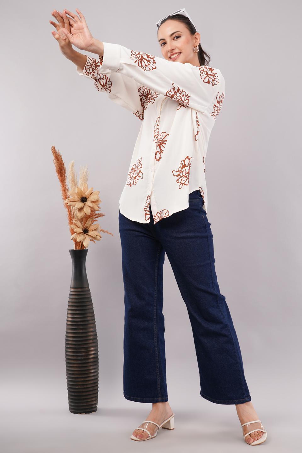 Clobug Women Printed Cotton Blend Full Sleeve Floral Print Oversized Shirt