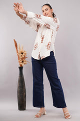 Clobug Women Printed Cotton Blend Full Sleeve Floral Print Oversized Shirt
