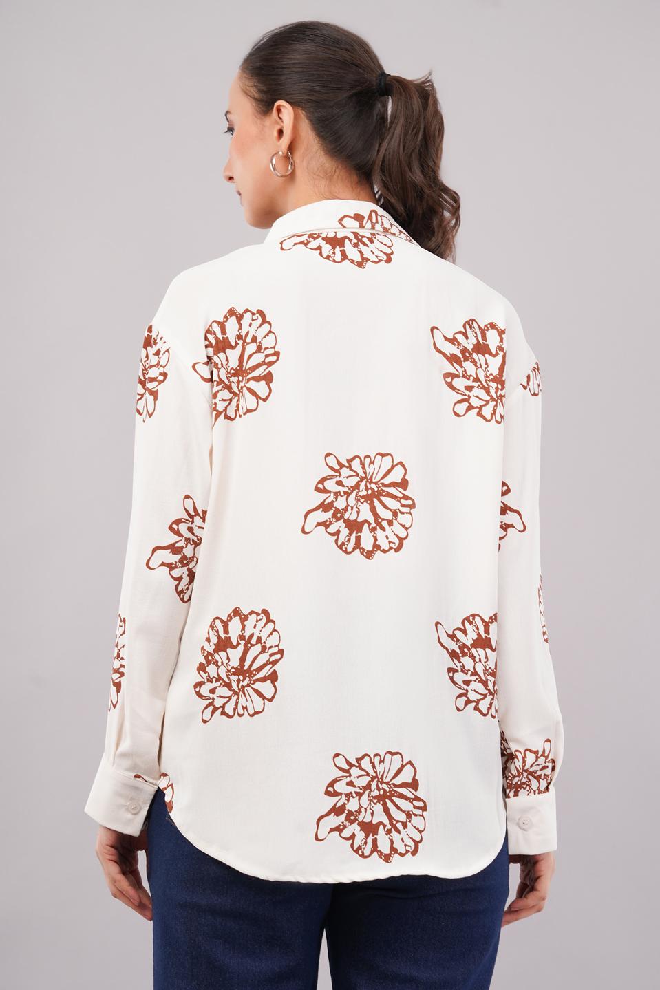 Clobug Women Printed Cotton Blend Full Sleeve Floral Print Oversized Shirt