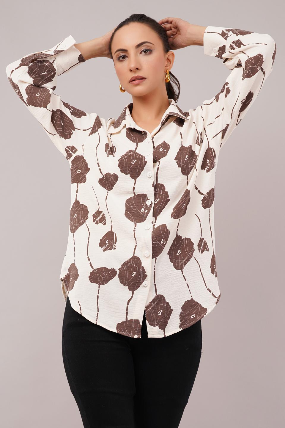 Clobug Women Printed Cotton Blend Full Sleeve Floral Print Oversized Shirt