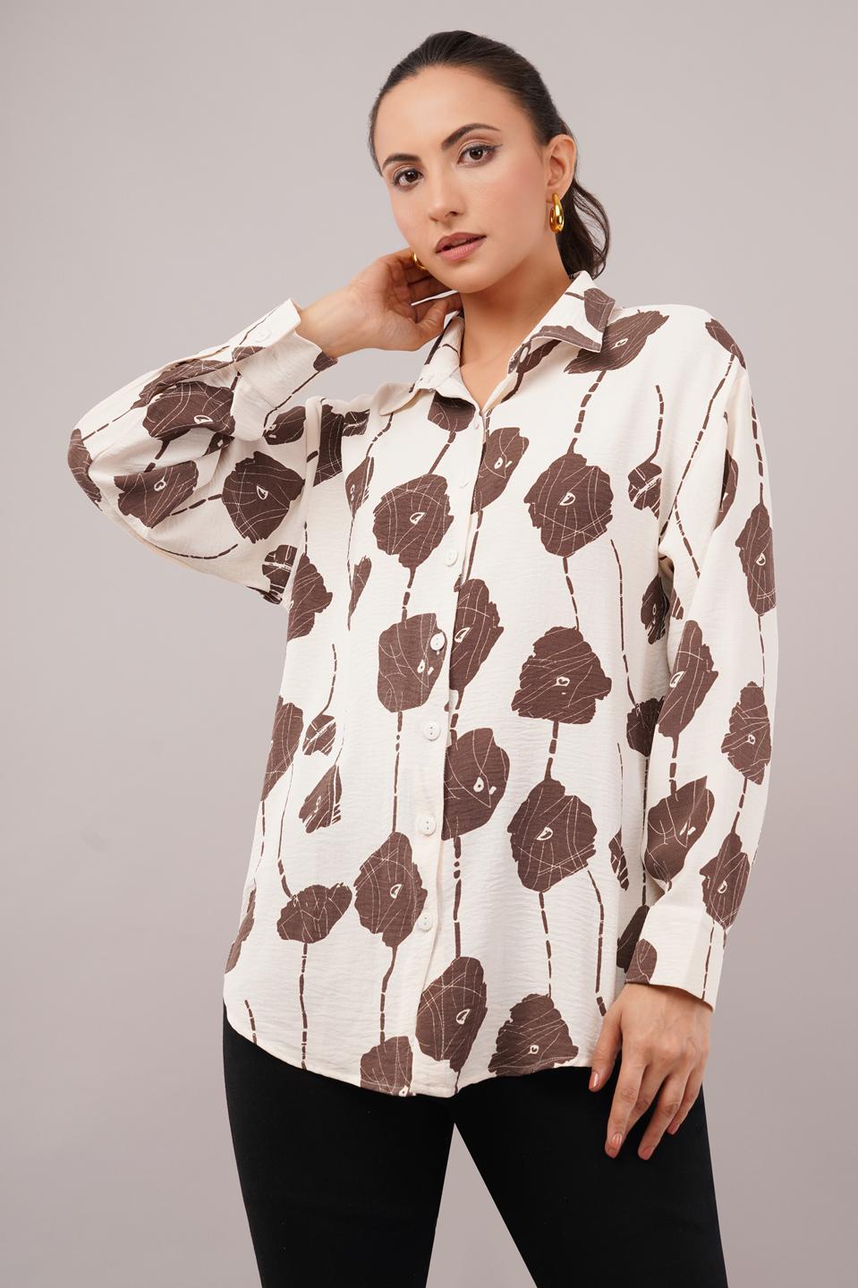 Clobug Women Printed Cotton Blend Full Sleeve Floral Print Oversized Shirt