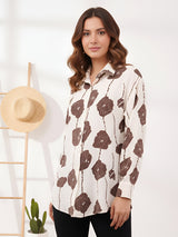 Clobug Women Printed Cotton Blend Full Sleeve Floral Print Oversized Shirt
