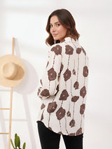 Clobug Women Printed Cotton Blend Full Sleeve Floral Print Oversized Shirt