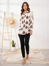 Clobug Women Printed Cotton Blend Full Sleeve Floral Print Oversized Shirt