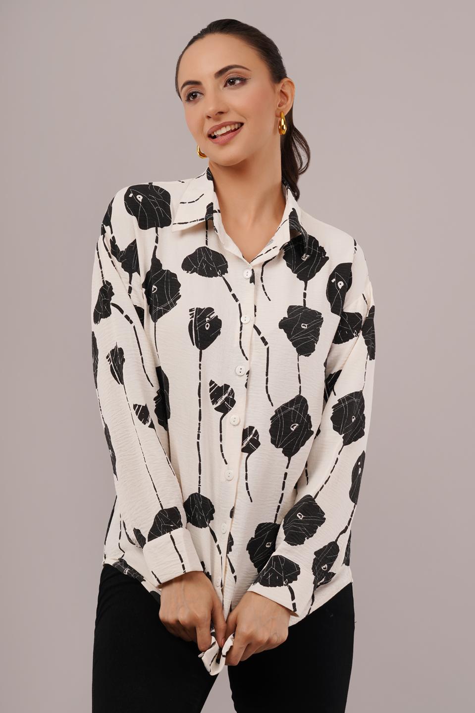 Clobug Women Printed Cotton Blend Full Sleeve Floral Print Oversized Shirt