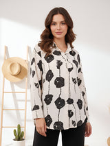 Clobug Women Printed Cotton Blend Full Sleeve Floral Print Oversized Shirt