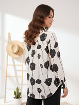 Clobug Women Printed Cotton Blend Full Sleeve Floral Print Oversized Shirt