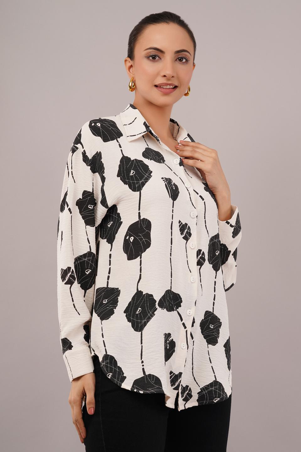 Clobug Women Printed Cotton Blend Full Sleeve Floral Print Oversized Shirt