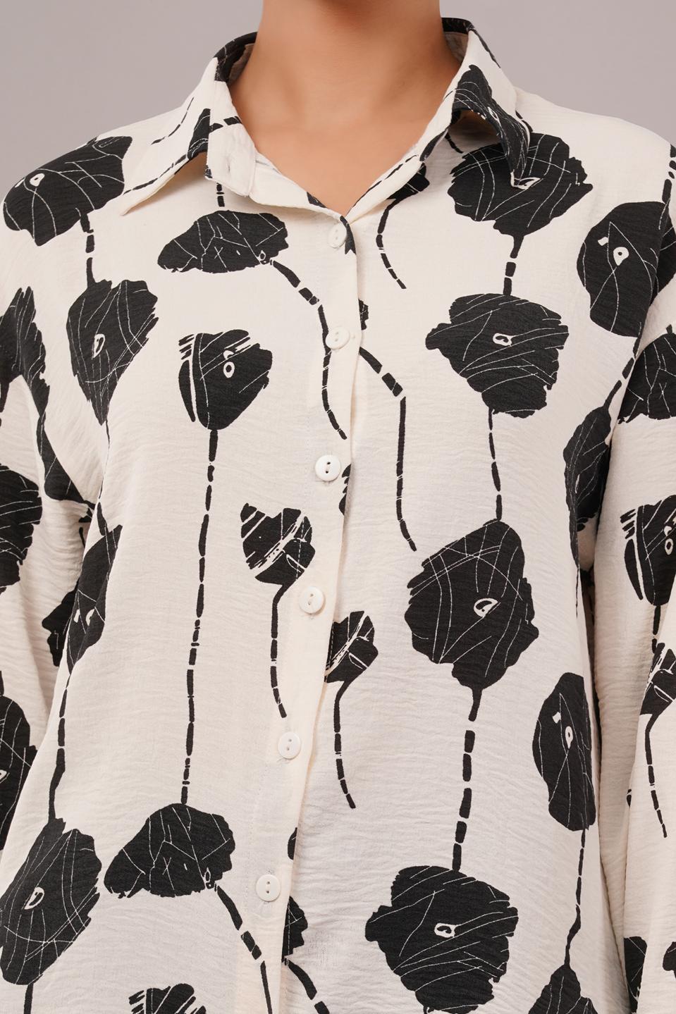 Clobug Women Printed Cotton Blend Full Sleeve Floral Print Oversized Shirt