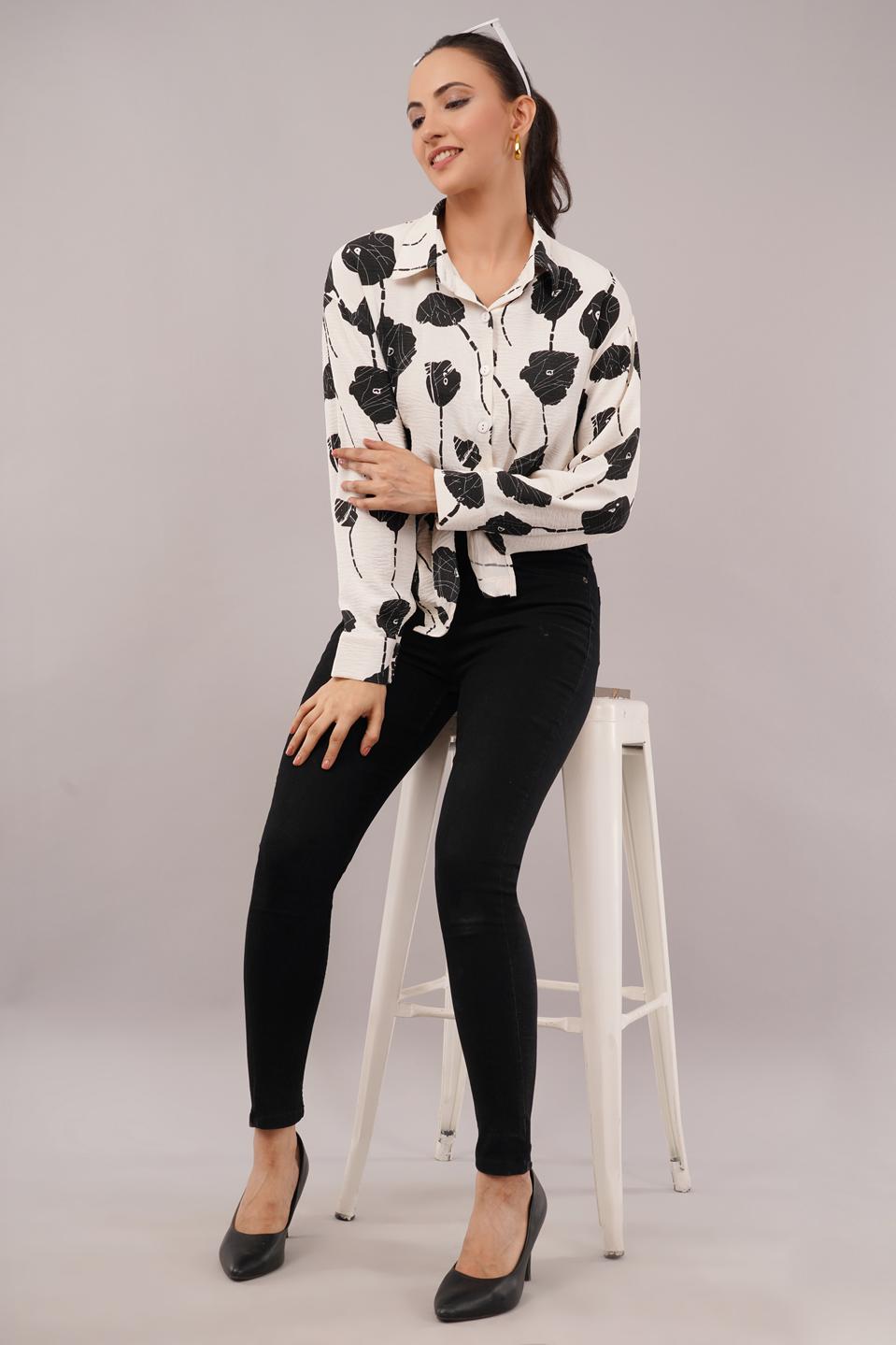 Clobug Women Printed Cotton Blend Full Sleeve Floral Print Oversized Shirt