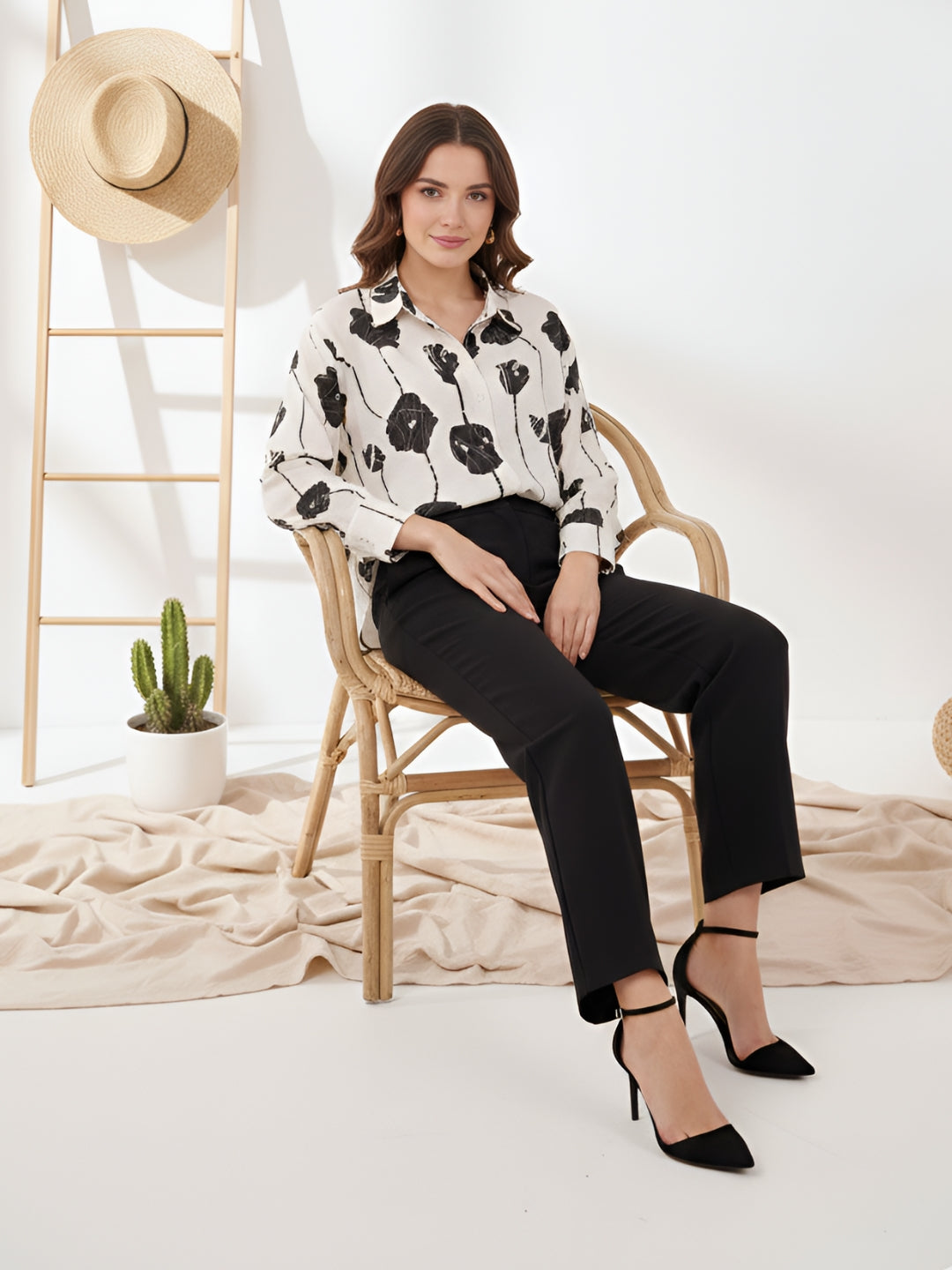 Clobug Women Printed Cotton Blend Full Sleeve Floral Print Oversized Shirt