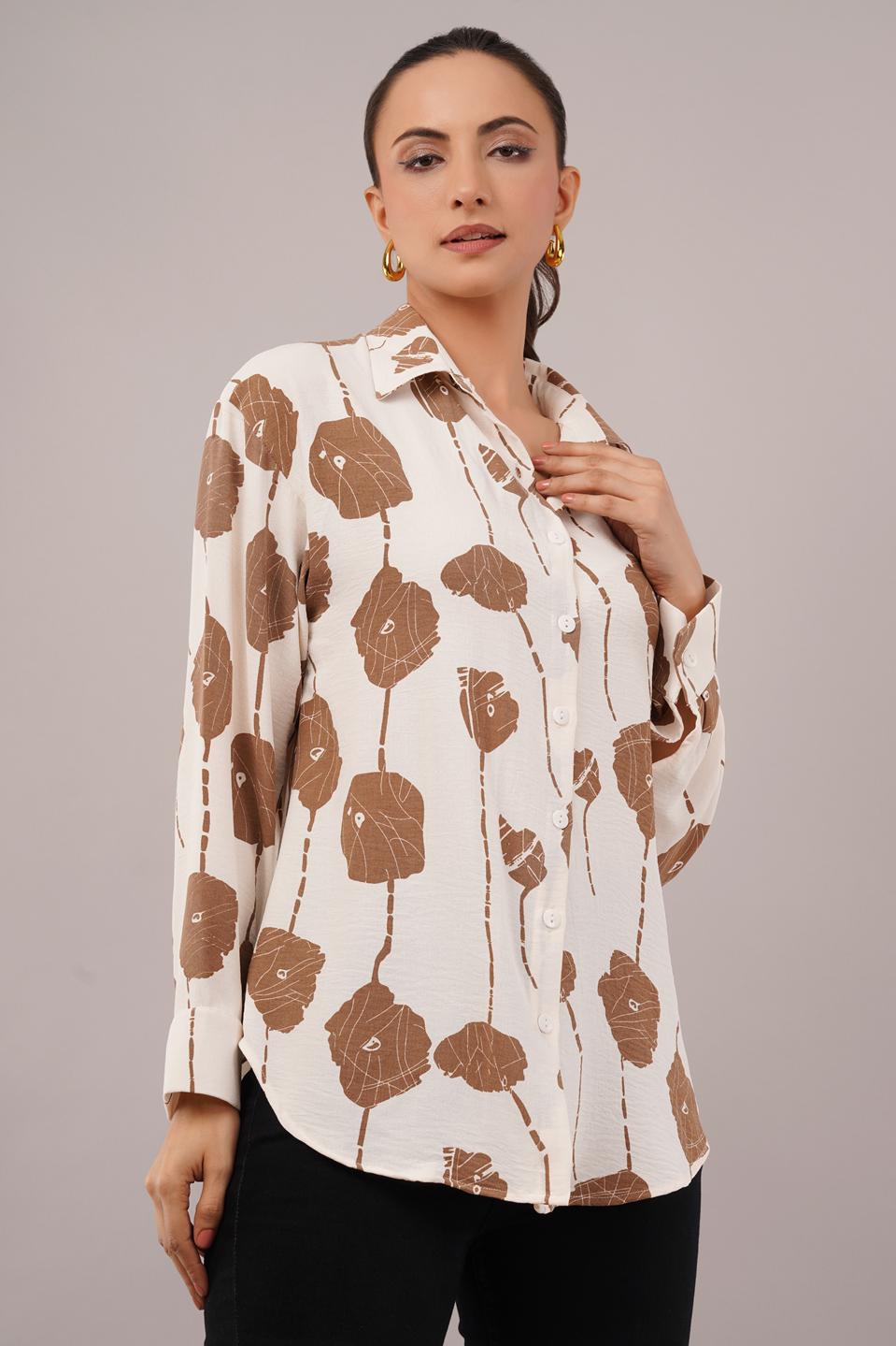Clobug Women Printed Cotton Blend Full Sleeve Floral Print Oversized Shirt