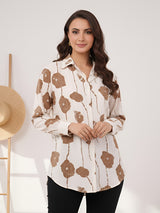 Clobug Women Printed Cotton Blend Full Sleeve Floral Print Oversized Shirt