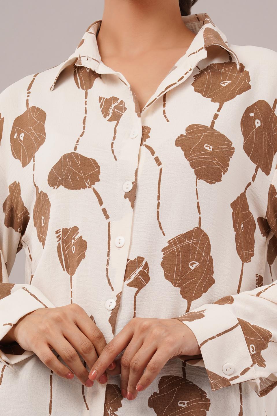 Clobug Women Printed Cotton Blend Full Sleeve Floral Print Oversized Shirt