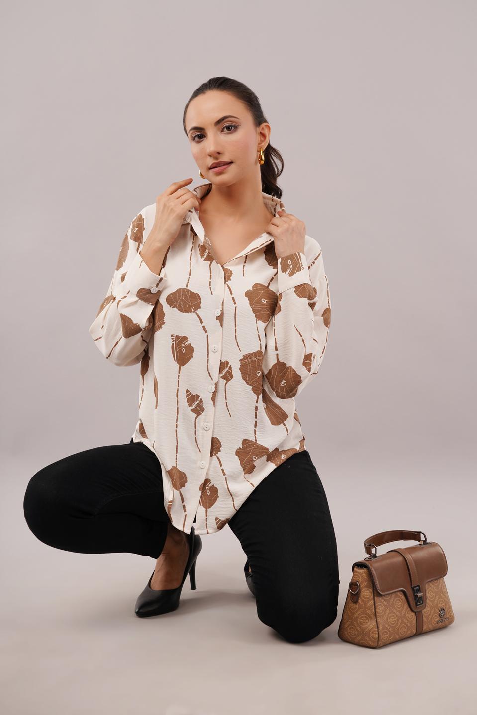 Clobug Women Printed Cotton Blend Full Sleeve Floral Print Oversized Shirt