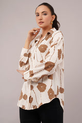 Clobug Women Printed Cotton Blend Full Sleeve Floral Print Oversized Shirt