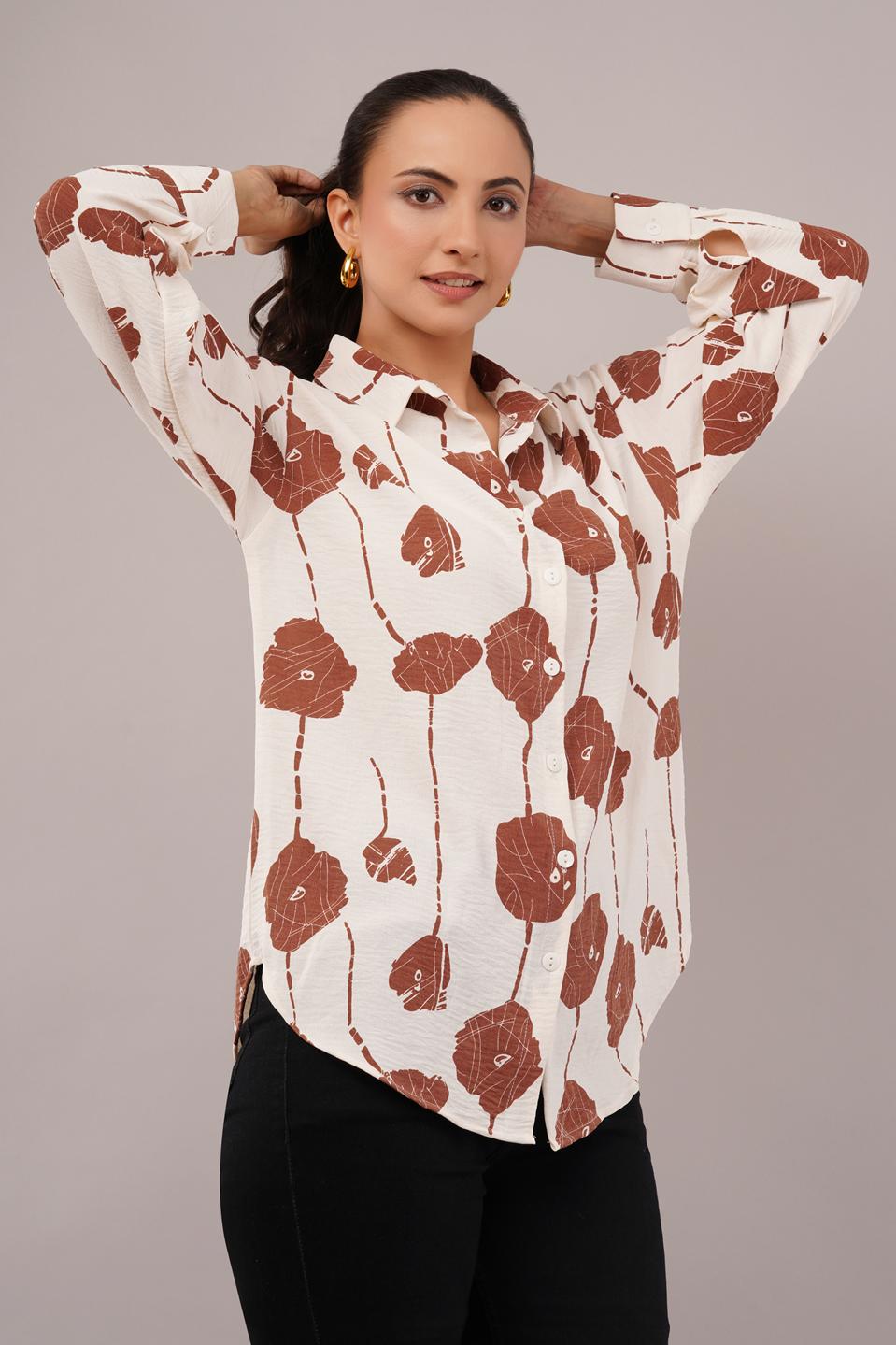 Clobug Women Printed Cotton Blend Full Sleeve Floral Print Oversized Shirt