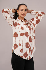 Clobug Women Printed Cotton Blend Full Sleeve Floral Print Oversized Shirt