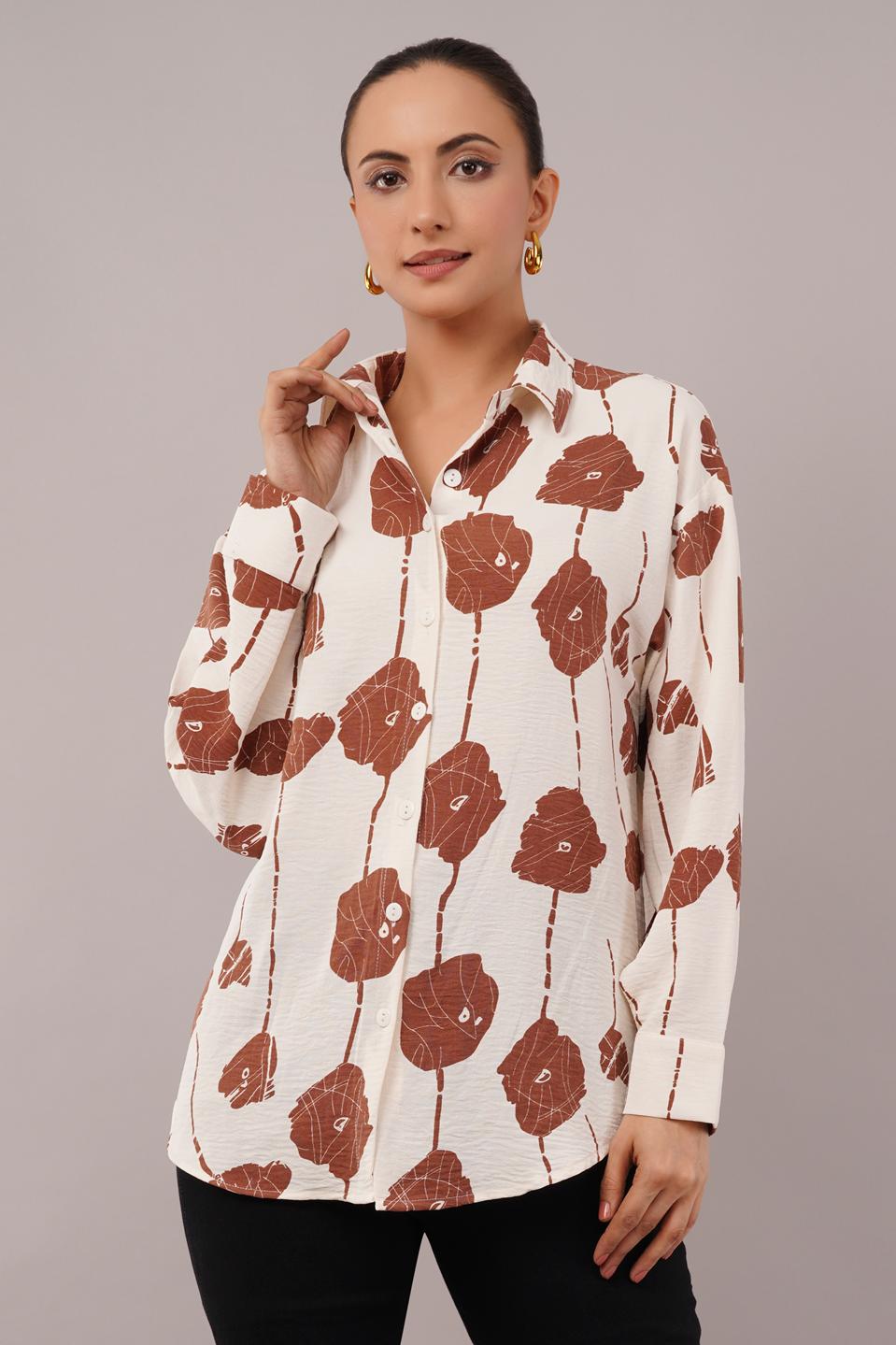 Clobug Women Printed Cotton Blend Full Sleeve Floral Print Oversized Shirt