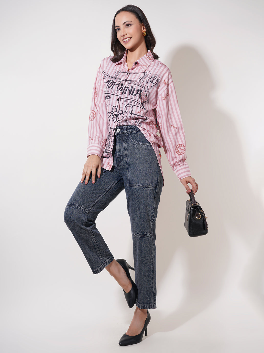 Clobug Women Printed Cotton Blend Oversized Full Sleeve Multicolor Shirt